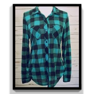 Teal and Black Plaided Buttom Down Shirt Size L